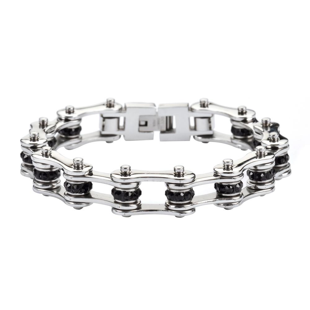 1/2" Wide All Stainless with Black Crystal Centers Stainless Steel Motorcycle Bike Chain Bracelet