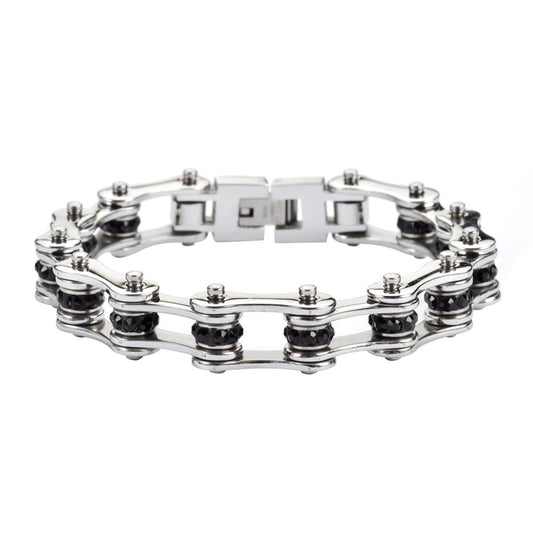 1/2" Wide All Stainless with Black Crystal Centers Stainless Steel Motorcycle Bike Chain Bracelet
