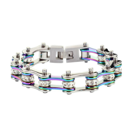 1/2" Wide Two Tone Silver Rainbow with White Crystal Centers Stainless Steel Motorcycle Bike Chain Bracelet