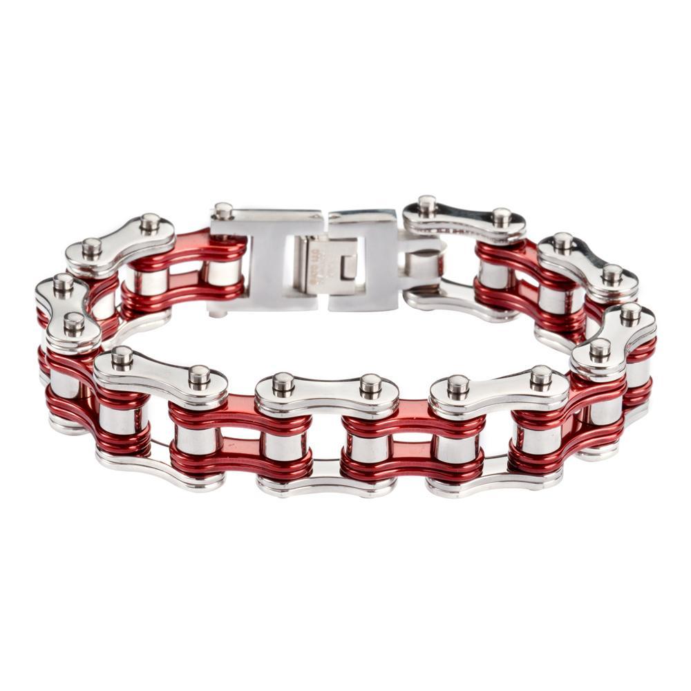 Two Tone Silver Candy Red 3/4" Wide Double Link DesignUnisex Stainless Steel Motorcycle Chain Bracelet