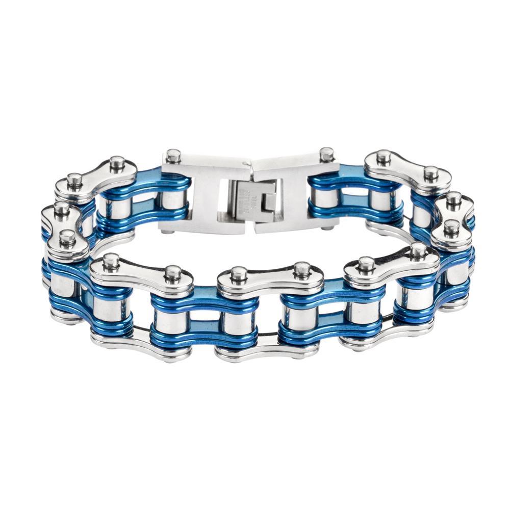 Two Tone Silver Candy Blue 3/4" Wide Double Link DesignUnisex Stainless Steel Motorcycle Chain Bracelet