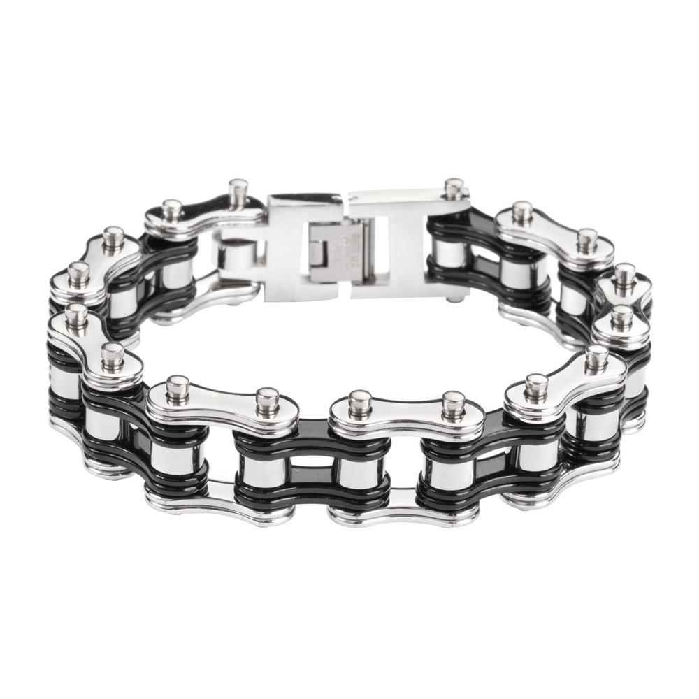 Two Tone Silver Black 3/4" Wide Double Link DesignUnisex Stainless Steel Motorcycle Chain Bracelet