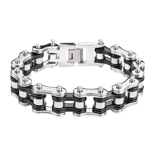 Two Tone Silver Black 3/4" Wide Double Link DesignUnisex Stainless Steel Motorcycle Chain Bracelet