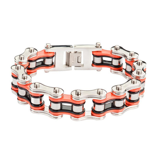 Tri-Color Silver Orange Black 3/4" Wide Double Link DesignUnisex Stainless Steel Motorcycle Chain Bracelet