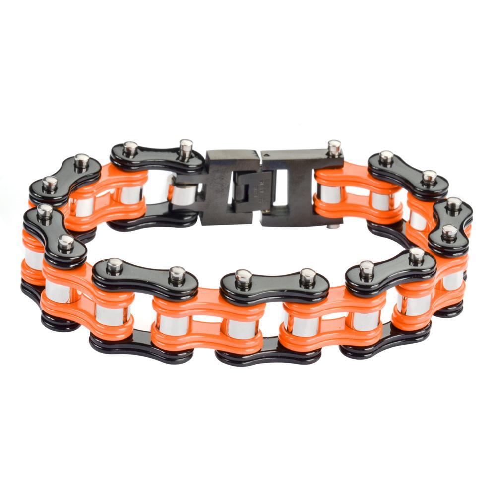Two Tone Orange Black 3/4" Wide Double Link DesignUnisex Stainless Steel Motorcycle Chain Bracelet