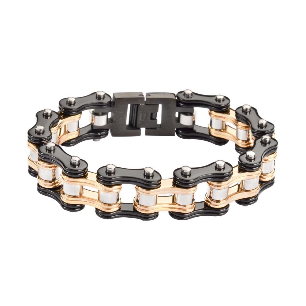 Two Tone Black Gold 3/4" Wide Double Link DesignUnisex Stainless Steel Motorcycle Chain Bracelet