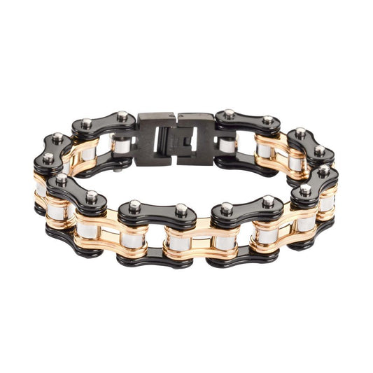 Two Tone Black Gold 3/4" Wide Double Link DesignUnisex Stainless Steel Motorcycle Chain Bracelet