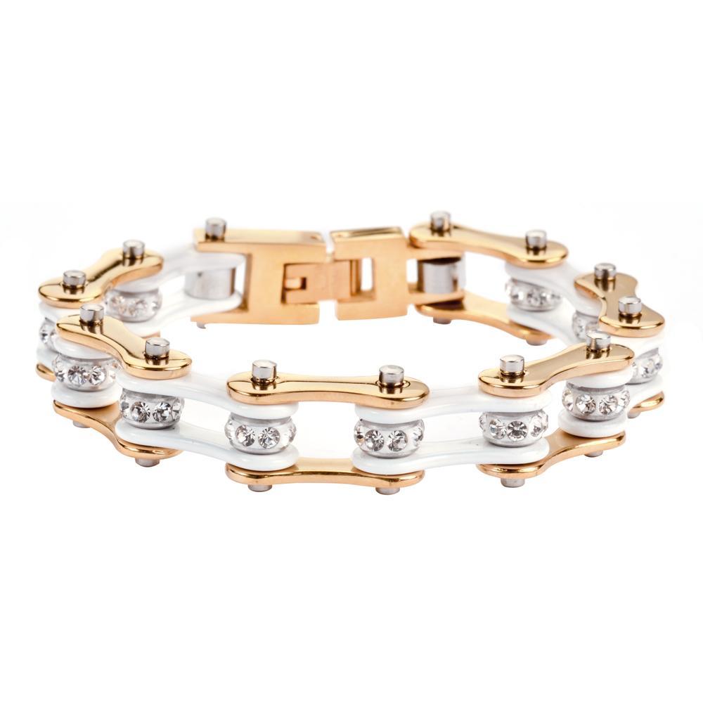 1/2" Wide Two Tone Gold White with White Crystal Centers Stainless Steel Motorcycle Bike Chain Bracelet