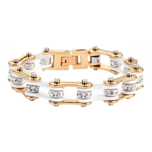 1/2" Wide Two Tone Gold White with White Crystal Centers Stainless Steel Motorcycle Bike Chain Bracelet