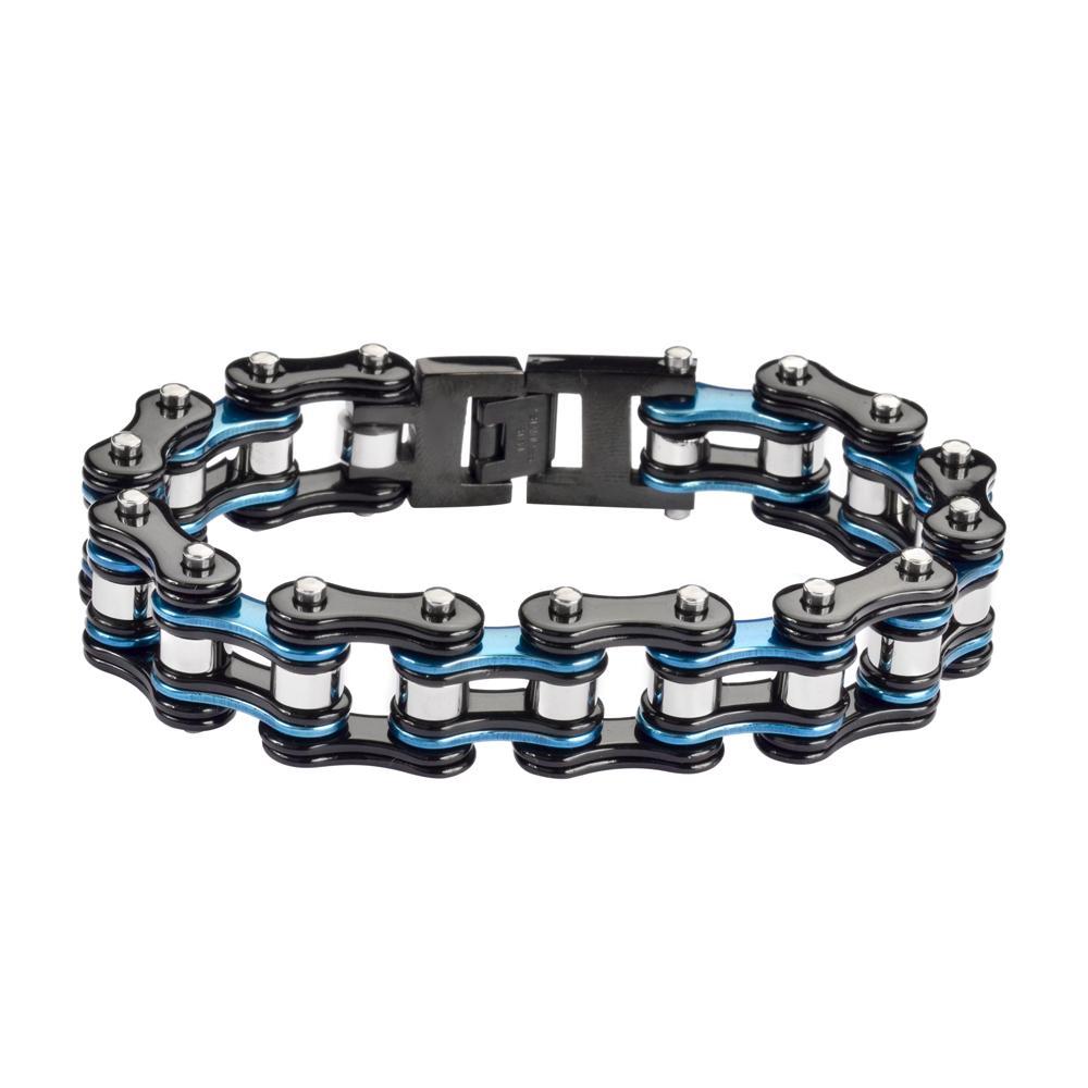 Tri-Color Black Blue Silver 3/4" Wide Double Link DesignUnisex Stainless Steel Motorcycle Chain Bracelet