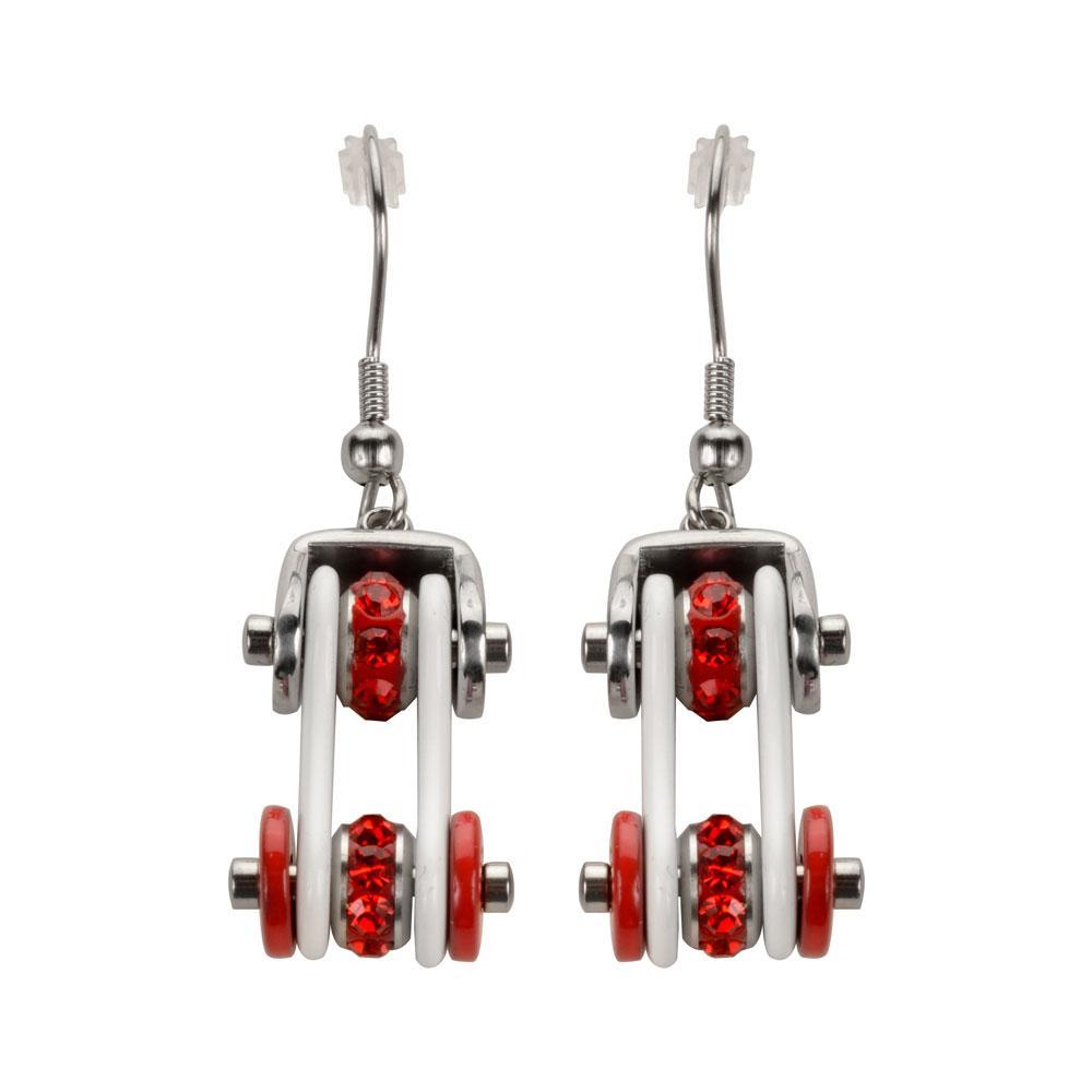 Two Tone Silver White Red Crystal Centers Bike Chain Earrings Stainless Steel Motorcycle Biker Jewelry