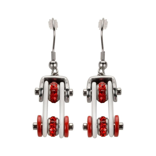 Two Tone Silver White Red Crystal Centers Bike Chain Earrings Stainless Steel Motorcycle Biker Jewelry