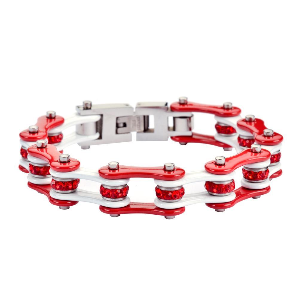 1/2" Wide Two Tone Red White with Red Crystal Centers Stainless Steel Motorcycle Bike Chain Bracelet