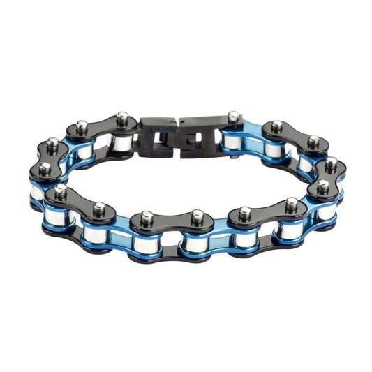 1/2" Wide Tri-Color Blue Black Silver Original Design Stainless Steel Motorcycle Bike Chain Bracelet