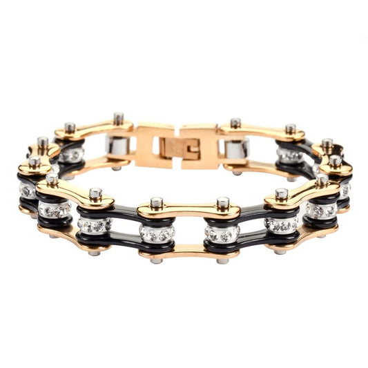 1/2" Wide Two Tone Gold Black with White Crystal Centers Stainless Steel Motorcycle Bike Chain Bracelet
