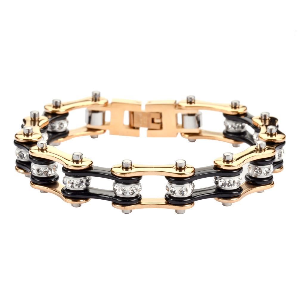 1/2" Wide Two Tone Gold Black with White Crystal Centers Stainless Steel Motorcycle Bike Chain Bracelet
