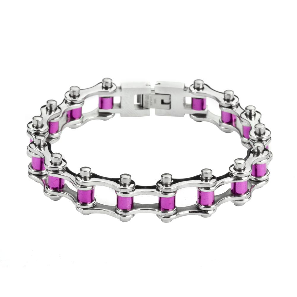 1/2" Wide All Stainless Steel Purple Candy Rollers Stainless Steel Motorcycle Bike Chain Bracelet