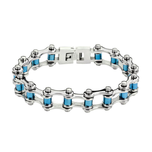 1/2" Wide All Stainless Steel with Blue Candy Rollers Stainless Steel Motorcycle Bike Chain Bracelet