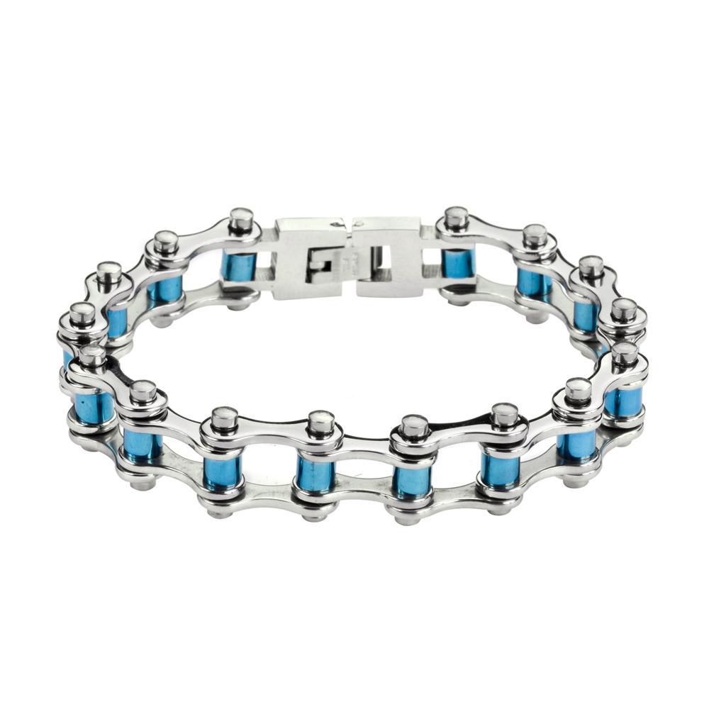 1/2" Wide All Stainless Steel Blue Candy Rollers Stainless Steel Motorcycle Bike Chain Bracelet