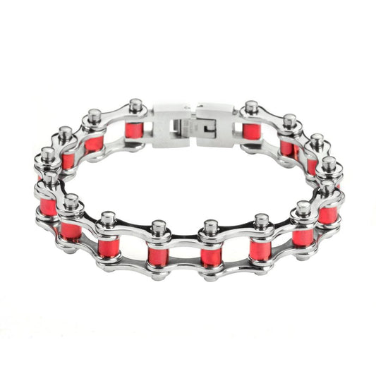 1/2" Wide All Stainless Steel Red Rollers Stainless Steel Motorcycle Bike Chain Bracelet