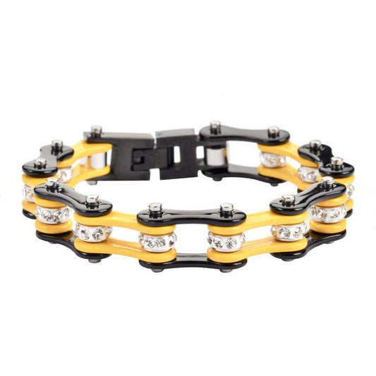1/2" Wide Two Tone Black Yellow with White Crystal Rollers Stainless Steel Motorcycle Bike Chain Bracelet