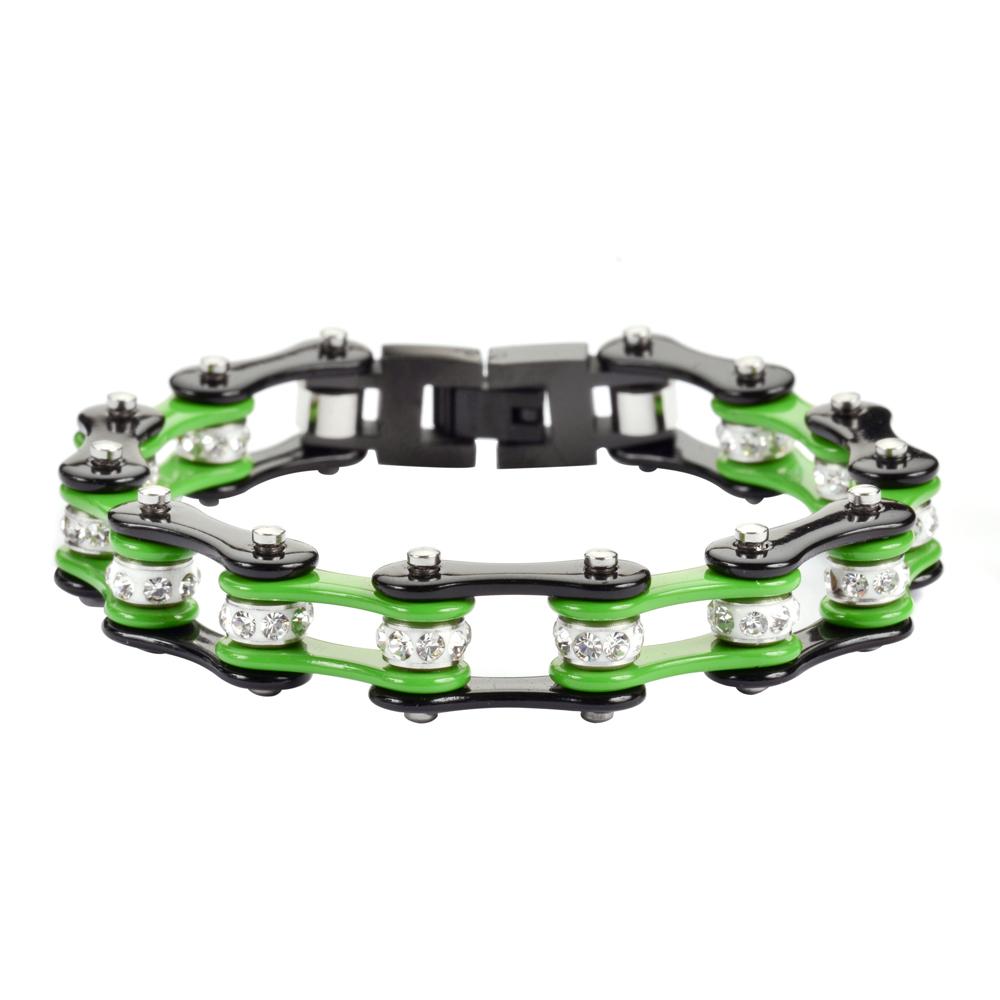 1/2" Wide Two Tone Black Green with White Crystal Rollers Stainless Steel Motorcycle Bike Chain Bracelet