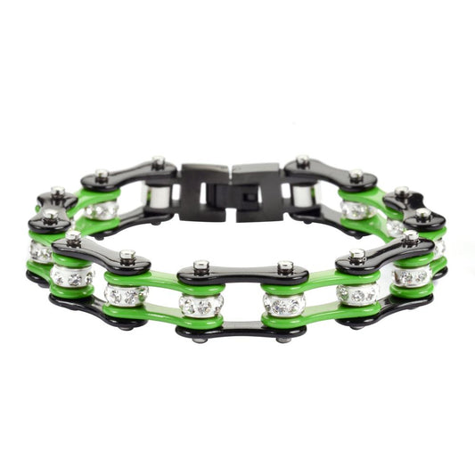 1/2" Wide Two Tone Black Green with White Crystal Rollers Stainless Steel Motorcycle Bike Chain Bracelet