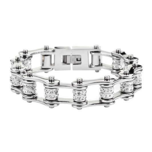 1/2" Wide All Stainless Double Crystal Rollers Stainless Steel Motorcycle Bike Chain Bracelet
