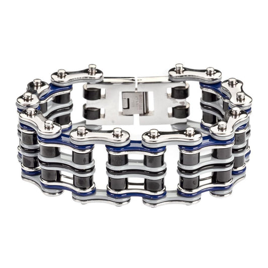1" Wide Quad Color Grey Blue Silver Black Men's Stainless Steel Motorcycle Chain Bracelet