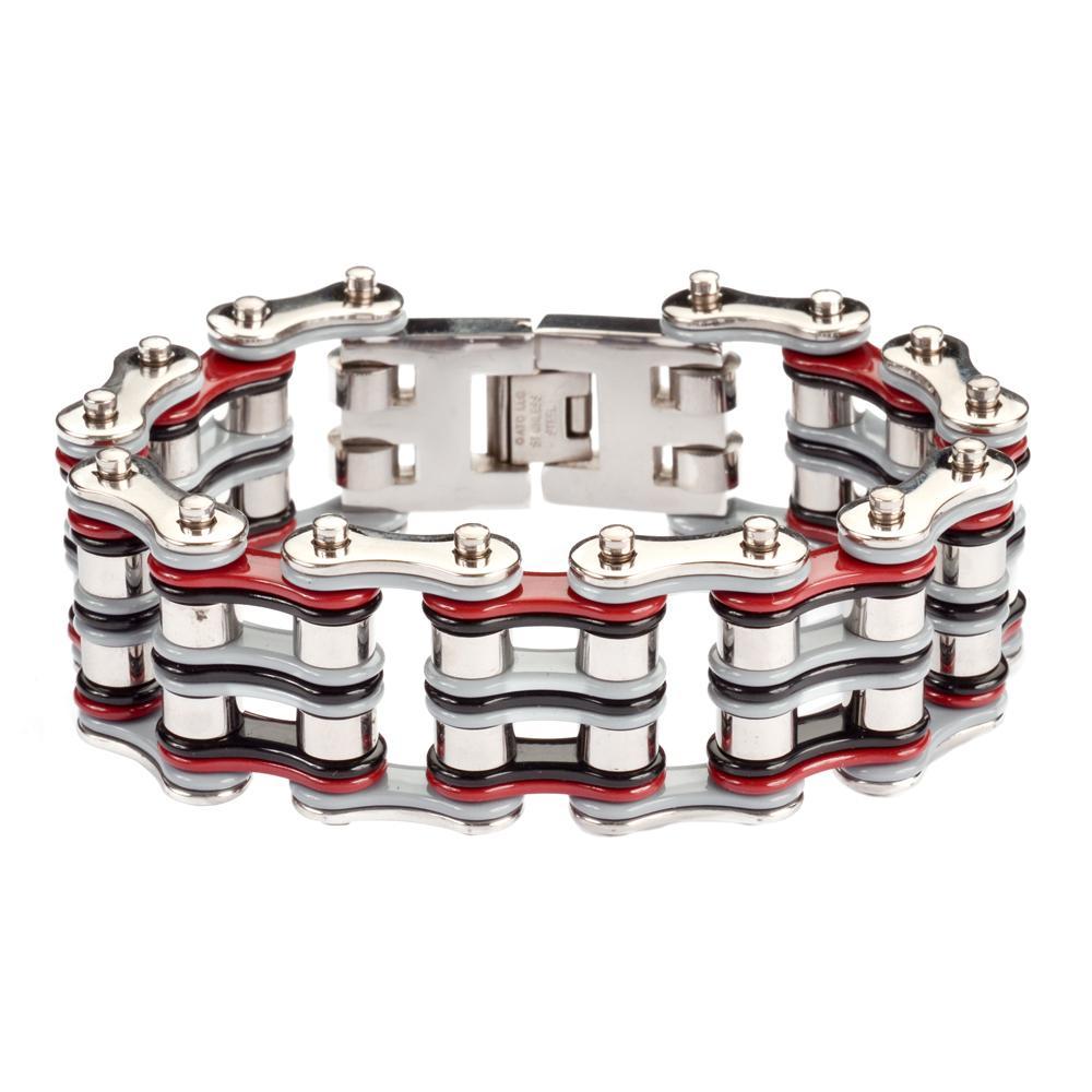 1" Wide  Quad Color Tone Silver Grey Red Black Men's Stainless Steel Motorcycle Chain Bracelet