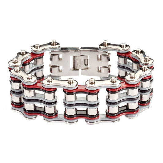 1" Wide  Quad Color Tone Silver Grey Red Black Men's Stainless Steel Motorcycle Chain Bracelet