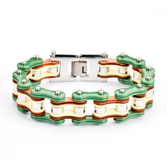 Tri-Color Tone Green Yellow Silver Leather 3/4" Wide Men's Stainless Steel Motorcycle Chain Bracelet