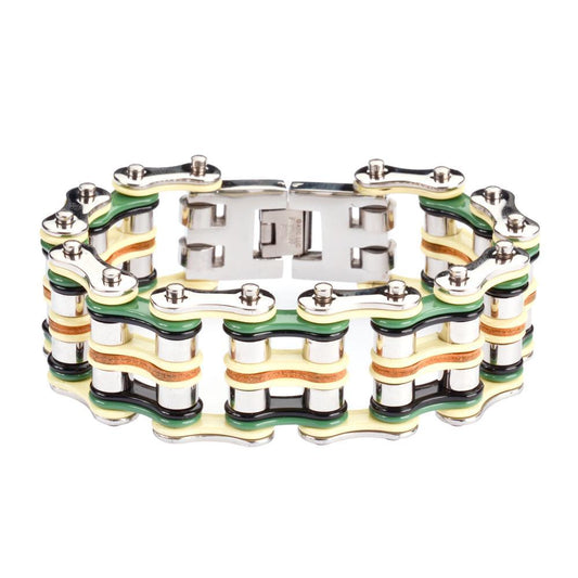 1" Wide Quad Color Silver Yellow Green Black  Leather Men's Stainless Steel Motorcycle Chain Bracelet