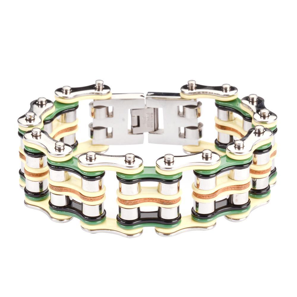 1" Wide Quad Color Silver Yellow Green Black Leather Men's Stainless Steel Motorcycle Chain Bracelet