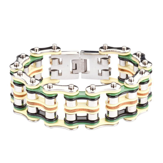 1" Wide Quad Color Silver Yellow Green Black Leather Men's Stainless Steel Motorcycle Chain Bracelet