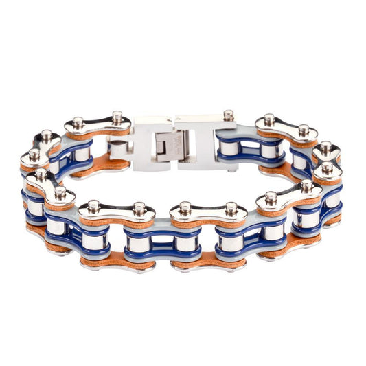 Tri-Color Tone Silver Grey Blue Leather 3/4" Wide Double Link Design Men's Stainless Steel Motorcycle Chain Bracelet