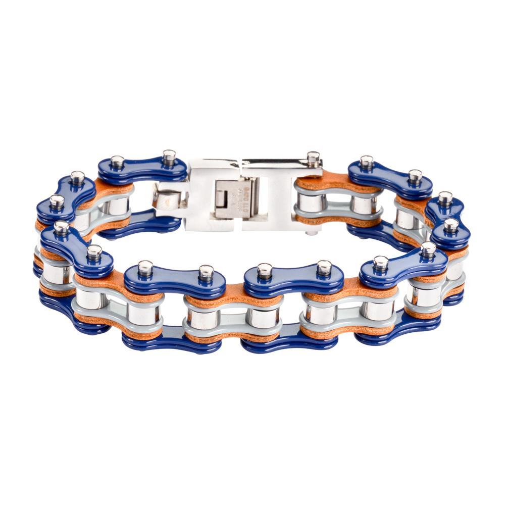 Tri-Color Tone Blue Grey Silver Leather 3/4" Wide Double Link Design Men's Stainless Steel Motorcycle Chain Bracelet
