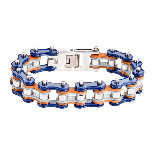 Tri-Color Tone Blue Grey Silver Leather 3/4" Wide Double Link Design Men's Stainless Steel Motorcycle Chain Bracelet