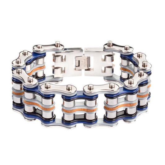 1" Wide Tri-Color Silver Blue Grey Leather Men's Stainless Steel Motorcycle Chain Bracelet