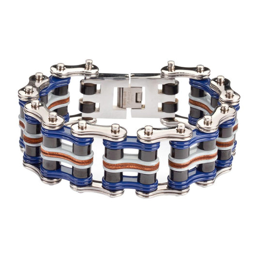 1" Wide Quad Color Tone Silver Blue Black Grey Leather Men's Stainless Steel Motorcycle Chain Bracelet