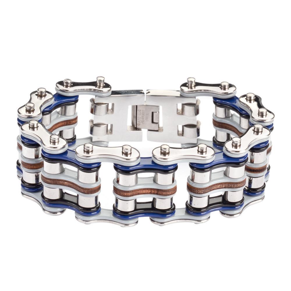 1" Wide Quad Color Tone Silver Grey Blue Black Leather Men's Stainless Steel Motorcycle Chain Bracelet