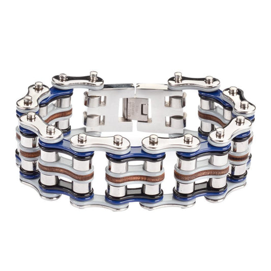 1" Wide Quad Color Tone Silver Grey Blue Black Leather Men's Stainless Steel Motorcycle Chain Bracelet