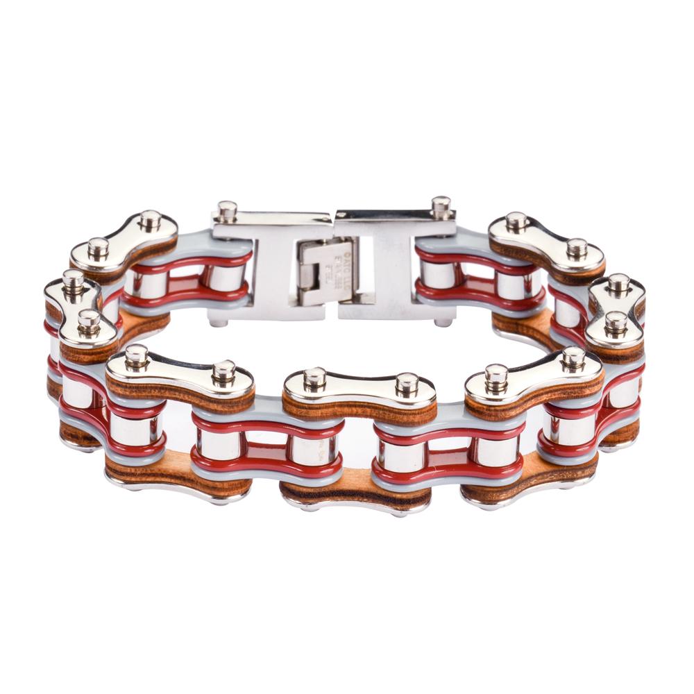 Tri-Color Tone Silver Grey Red Leather 3/4" Wide Double Link Design  Men's Stainless Steel Motorcycle Chain Bracelet