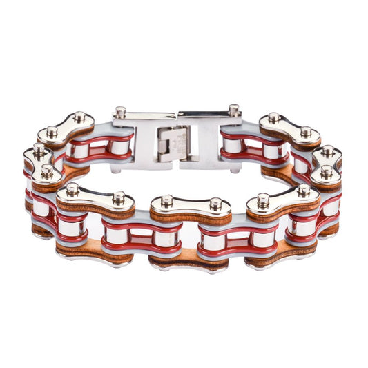 Tri-Color Tone Silver Grey Red Leather 3/4" Wide Double Link Design Men's Stainless Steel Motorcycle Chain Bracelet