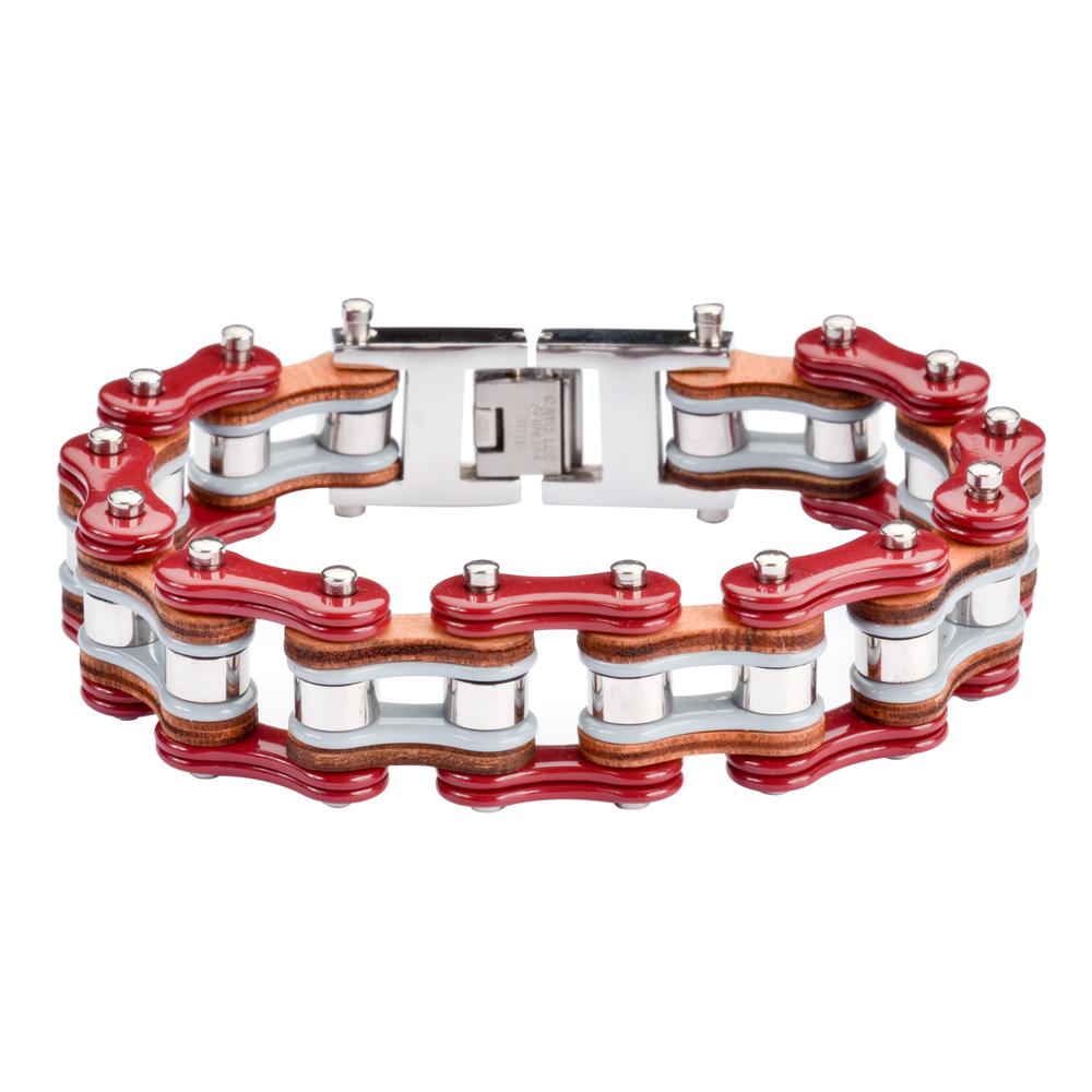 Tri-Color Red Grey Silver Leather 3/4" Wide Double Link Design Men's Stainless Steel Motorcycle Chain Bracelet