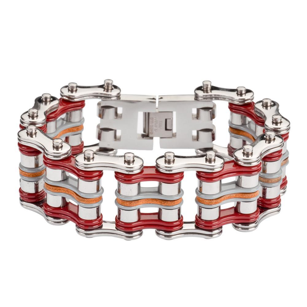 Tri-Color 1" Wide Silver Red Grey Leather Stainless Steel Motorcycle Chain Bracelet
