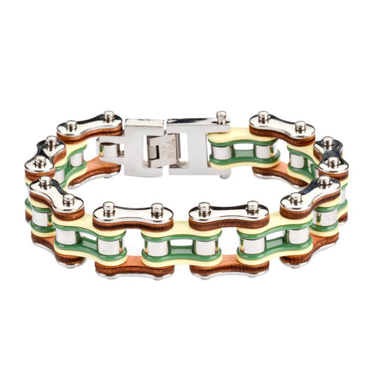 Tri-Color Silver Yellow Green Leather 3/4" Wide Men's Stainless Steel Motorcycle Chain Bracelet