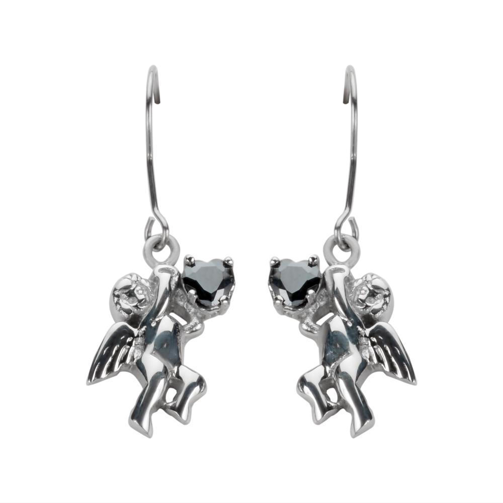 Cherub Angel Earrings Black Heart Shape Stones French Wire Stainless Steel Motorcycle Biker Jewelry