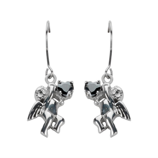 Cherub Angel Earrings Black Heart Shape Stones French Wire Stainless Steel Motorcycle Biker Jewelry