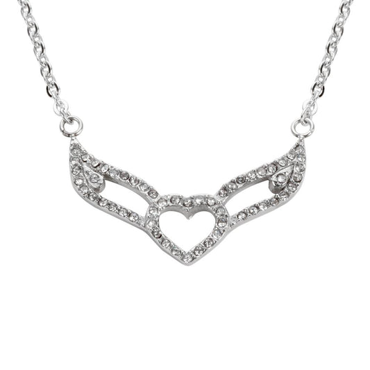 Women's Crystal Double Angel Wing Outline Necklace 19" 1 1/4" Wide Stainless Steel Motorcycle Jewelry